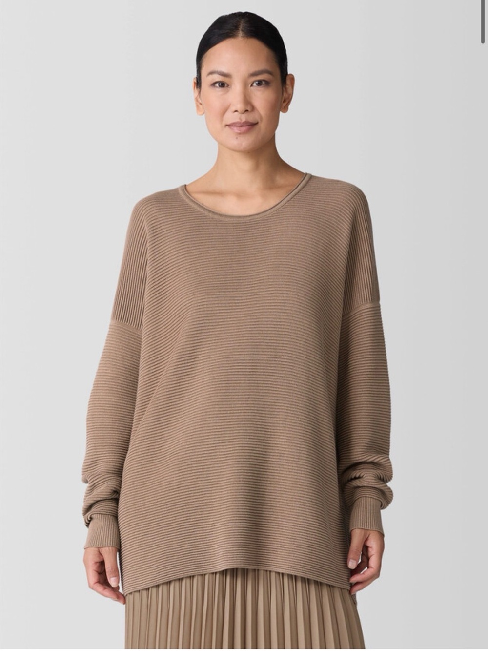Eileen Fisher peruvian cotton blend Ribbed Crew Neck Tunic Sweater Long Top MED